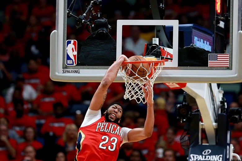 NEW ORLEANS, LA - APRIL 19: Anthony Davis #23 of the New Orleans Pelicans dunks the ball during Game 3 of the Western Conference playoffs against the Portland Trail Blazers at the Smoothie King Center on April 19, 2018 in New Orleans, Louisiana. NOTE TO USER: User expressly acknowledges and agrees that, by downloading and or using this photograph, User is consenting to the terms and conditions of the Getty Images License Agreement. (Photo by Sean Gardner/Getty Images)